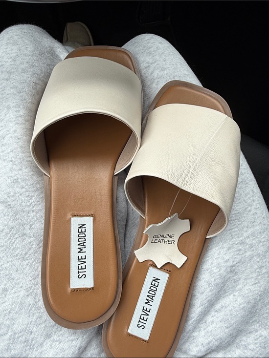 Steve Madden Shoes - Steve Madden Cream Leather Slide Sandals with Tan Footbed